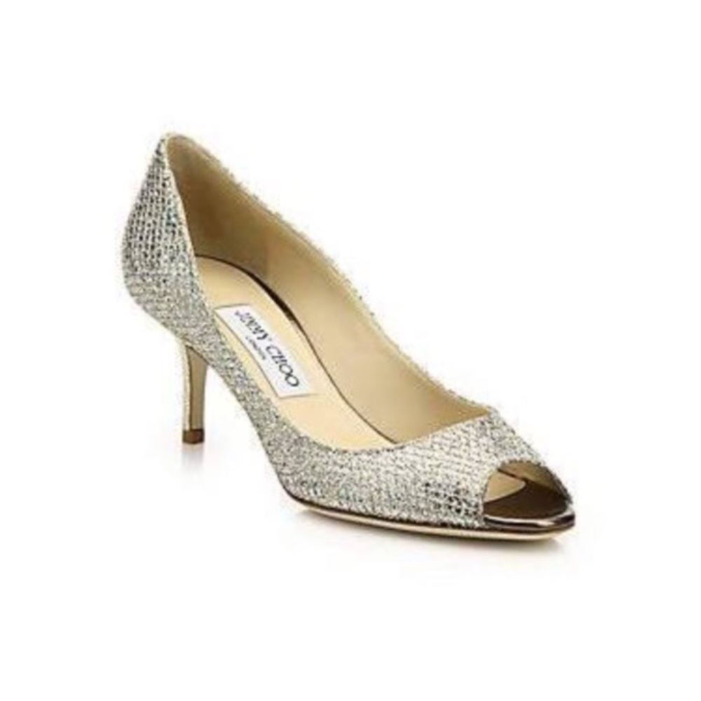 Jimmy Choo Isabel Champagne Glitter Peep Toe Pumps